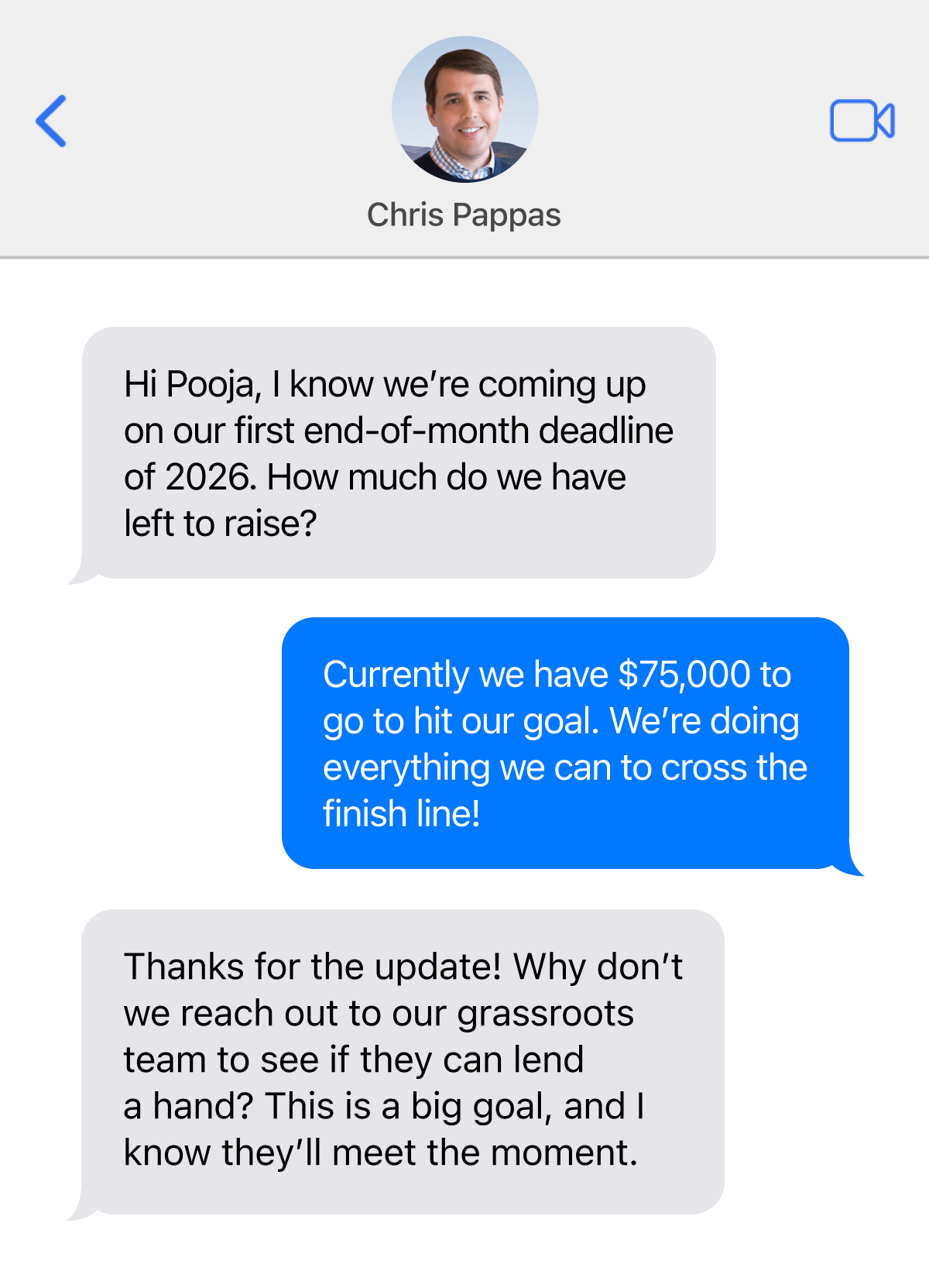 Text exchange between Chris Pappas and Pooja Patil discussing the end of month fundraising goal.
