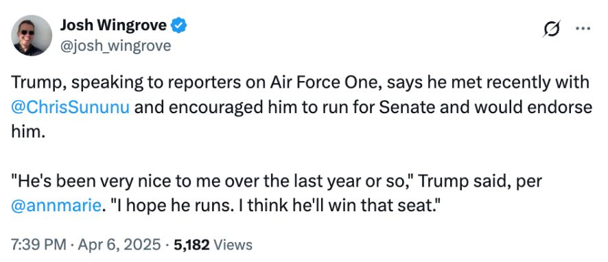 A screenshot from a tweet describing Donald Trump's plans to endorse Chris Pappas' opponent in the New Hampshire Senate race.