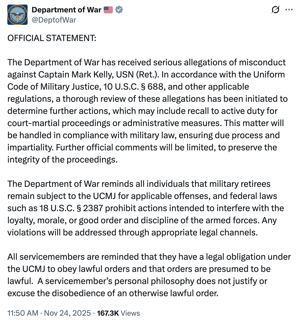 Tweet from the Dept of War attacking Mark Kelly